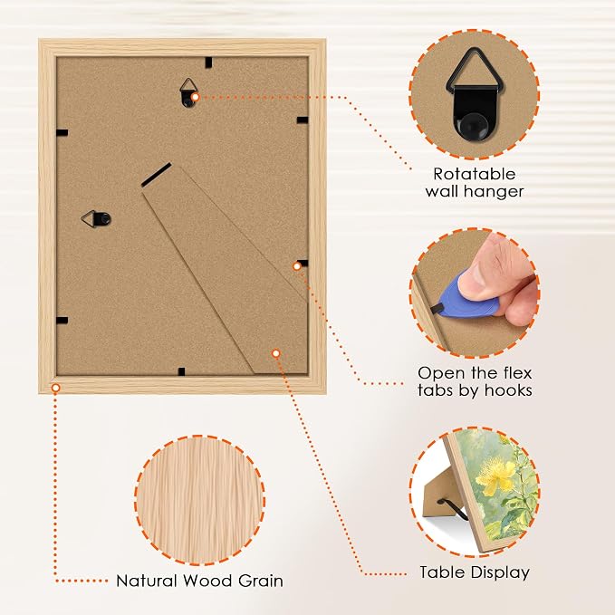 8x10 Picture Frame Bulk-6 Pack, Photo Frame with HD Plexiglass, Display Pictures 5x7 with Mat or 8x10 Without Mat, Natural Picture Frames Collage Wall Decor, Wall & Tabletop Picture Frames