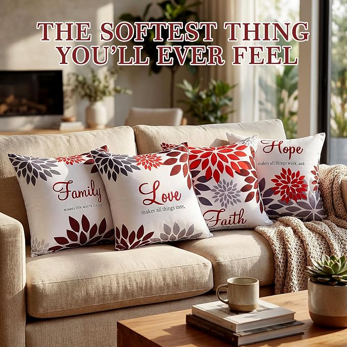 Tatuo 4 Pcs Flower Pillow Covers Square Summer Pillow Cushion Cases 18 x 18 Inch Family Faith Hope Love Words Decorative Spring Winter Cushion Case for Bed Couch Sofa Living Room(Red Series)