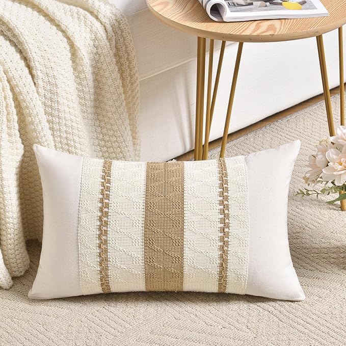 Fancy Homi Set of 1 Tan Neutral Long Lumbar Decorative Throw Pillow Cover 12x24 Inch for Couch Bed Sofa Chair, Modern Farmhouse Boho Home Decor, Soft Cotton Cute Accent Rectangle Taupe Cushion Case