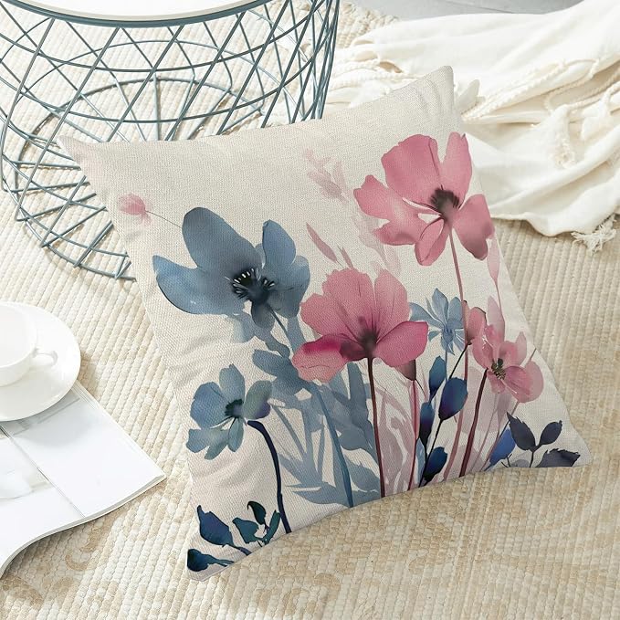 Spring Floral Pillow Covers 18x18 Inches Set of 2 Pink Blue Floral Throw Pillow Covers Outdoor Rustic Summer Flower Decor Pillowcase Farmhouse Decorative Square Cushion Cover for Sofa Couch