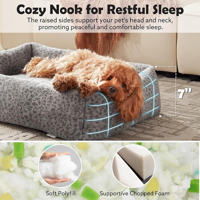 JOEJOY Dog Bed for Small Medium Dogs, Removable Washable Cover Orthopedic Soft Faux Rabbit Fur Pet Bed, Anti-Slip Fluffy Plush Puppy Bed, 25"x21"x7", Leopard Print, Grey