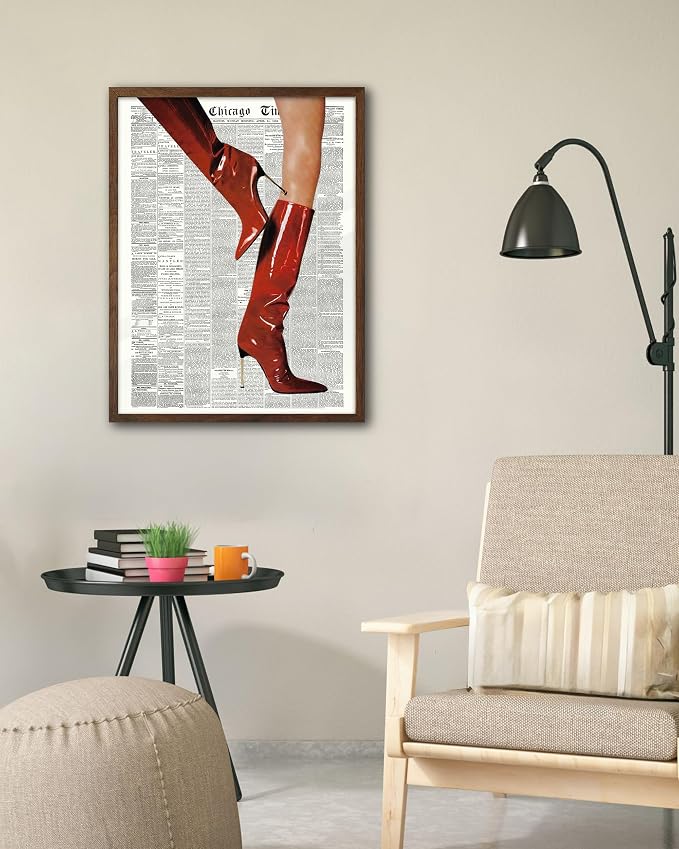EcoHest 12x16 in Red Boots Newspaper Framed Wall Art | Walnut Color Solid Oak Frame, Canvas Wall Art, Fashion Magazine Wall Decor for Bedroom, Apartment, Dorm, College Room, 1Pack