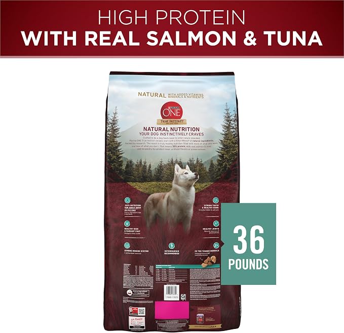 Purina ONE True Instinct Dry Dog Food, Real Salmon & Tuna, 36 lb Bag | Nutrient dense, with 30% protein to help support strong muscles, natural with added vitamins, minerals and nutrients