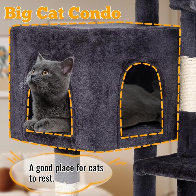 FDW | 37.8" Cat Tree Tower | Dark Gray | Multi-Level Indoor Activity Center with Sisal Scratching Posts, Condos, Plush Perches, Hanging Cat Toys | Sturdy, Easy to Assemble | for Kittens & Adult Cats