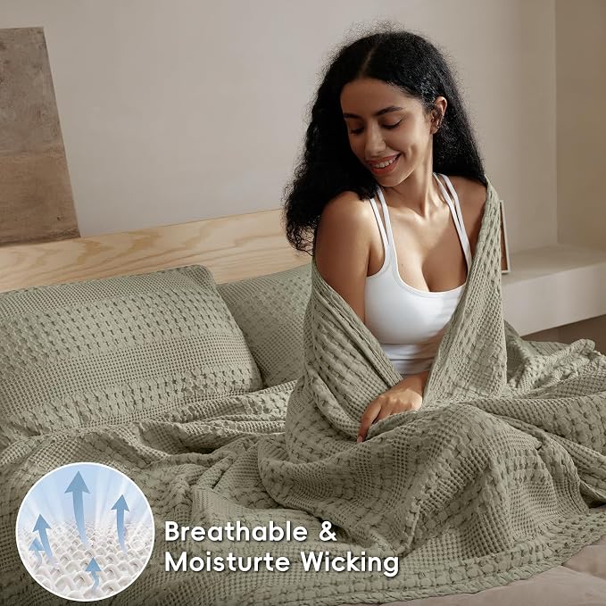 PHF 100% Cotton Waffle Weave Blanket Queen Size, Lightweight Breathable Summer Blanket for Hot Sleepers, Pre-Washed Soft Layer for Bed, Couch, Aesthetic Home Decor & Gift, 90"x90", Dusty Sage