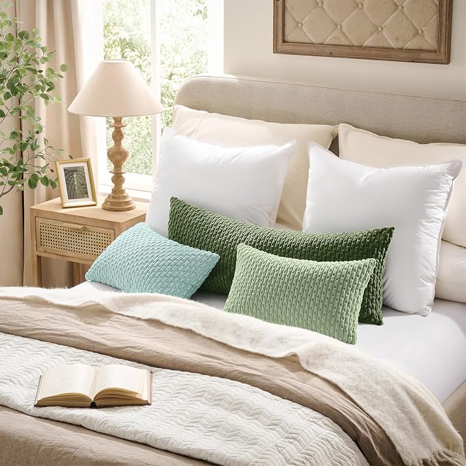 Kevin Textile Soft Corduroy 16"x24" Lumbar Pillow Cover 1 Pack, Moss Green | Boho Stripe Plush Corduroy Decorative Oblong Cushion Cover Modern Farmhouse Home Decor for Sofa Couch Bed Chair