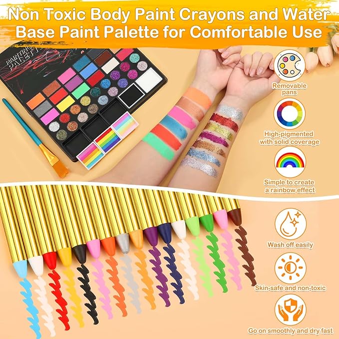 41 Color Face Painting Kit for Kids & Adults, Non-Toxic Water Activated Face Paint Palette with 28 Crayons, Reusable Stencils, Brush, Sponge, Gems - for Halloween, Birthday Party, Costume Makeup