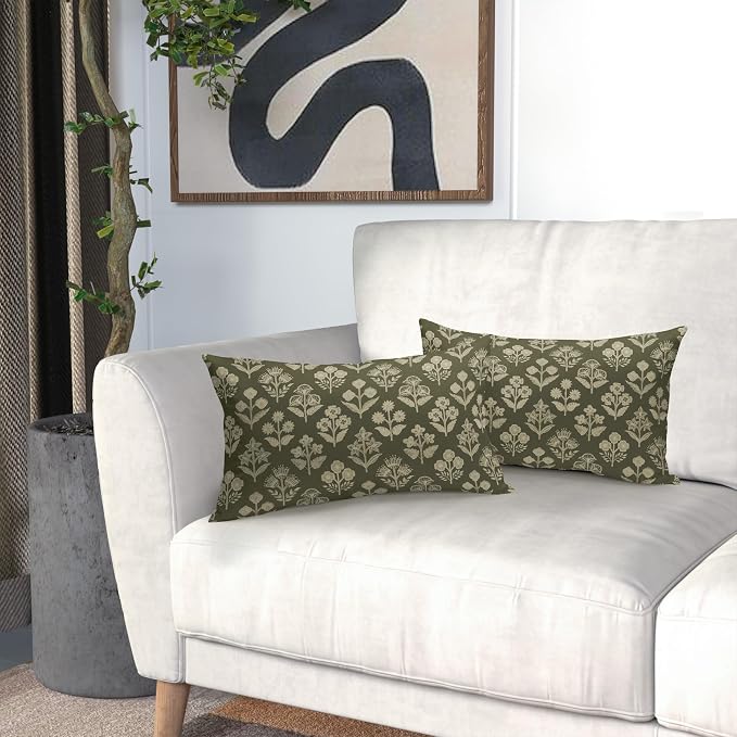 Olive Green Pillow Covers 12x20 Inch Set of 2, Cream Floral Block Print Pattern Lumbar Decorative Throw Pillowcases Outdoor Farmhouse Rectangle Cushion Covers Spring Summer Sofa Couch Bed Decor