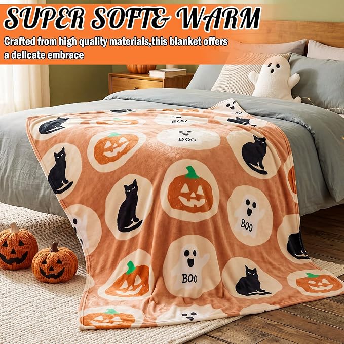 50'' x 60'' Halloween Throw Blanket Ghost Pumpkin Cat Sugar Cookie | Cute Boo Black Cat Pumpkin Plush Warm Blanket Halloween Decor for Home Sofa Decor Couch Bed