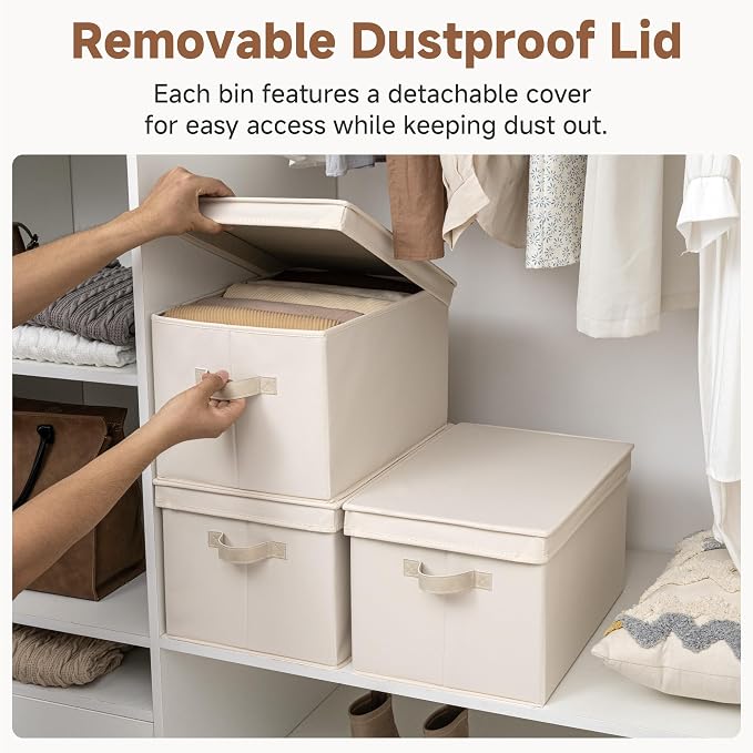 StorageWorks Fabric Storage Bins with Lids, Closet Storage Bins | Lidded Dust-proof, Easy Pull Handles, Foldable, Stackable, Ideal for Clothes Blanket Towel, Jumbo, Cream White, 3-Pack