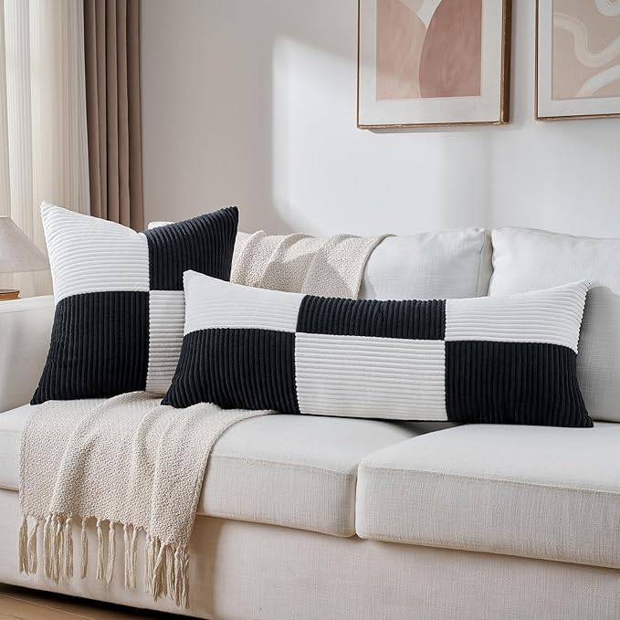 Fancy Homi Set of 1 Black and White Boho Long Lumbar Body Decorative Throw Pillow Cover 21x54 Inch for Bed Couch Bedroom Bench, Soft Patchwork Corduroy Textured Pillow Case, Modern Room Decor