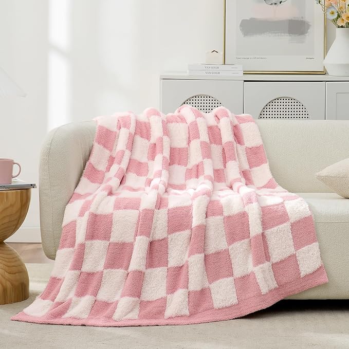 Snuggle Sac Checkered Throw Blanket Faux Fur Microfiber Blankets for Couch,Cozy Soft Warm Blanket for Sofa Bedroom Living Room,Pink Checker,60x80 inches
