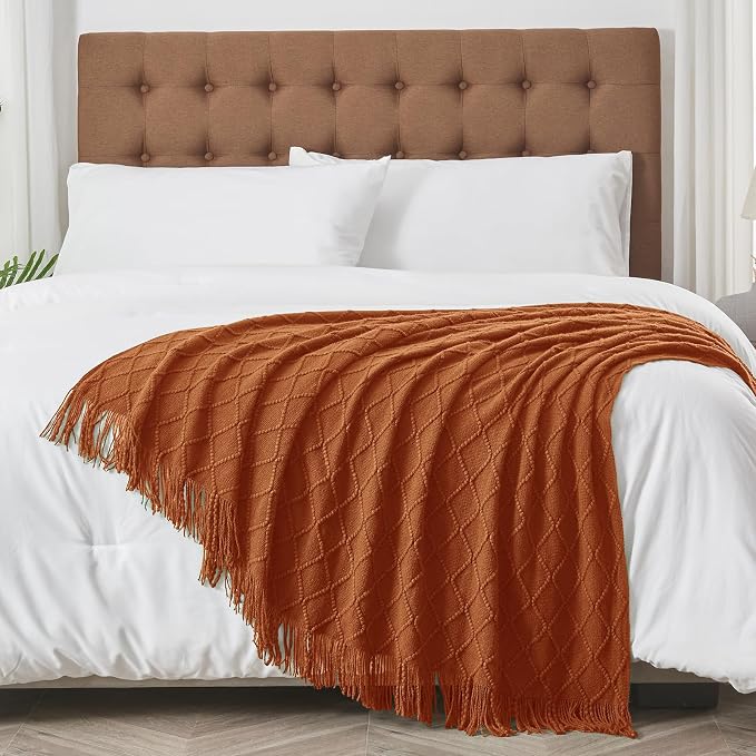 inhand Orange Rust Knitted Throw Blanket for Couch and Bed, 50"x60" | Soft Cozy Knit Blanket with Tassel, Lightweight Decorative Blankets and Throws, Farmhouse Warm Woven for Men and Women