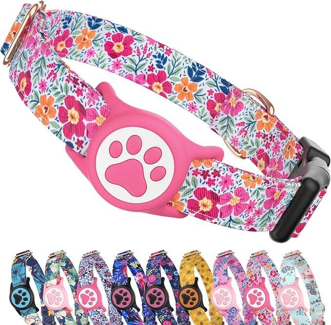 Airtag Dog Collar,with Waterproof airtag Holder，Original Stylish Cute Pattern Design.QR Code ID Buckle，Comfortable Soft Cotton for Small Medium Large Dogs