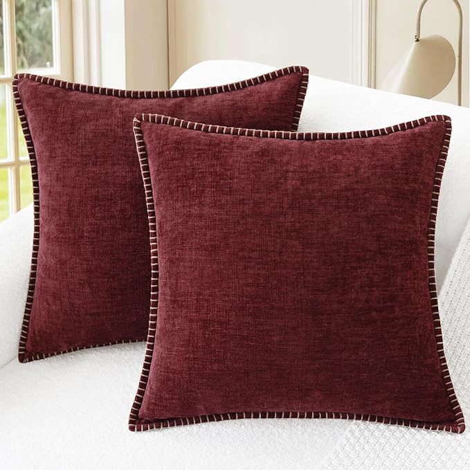 CaliTime Decorative Couch Throw Pillow Covers 24 X 24 Inches Burgundy | Pack of 2, Cozy Chenille Cushion Cases, Cotton Thread Stitching Edges, for Sofa Bed Living Room Farmhouse
