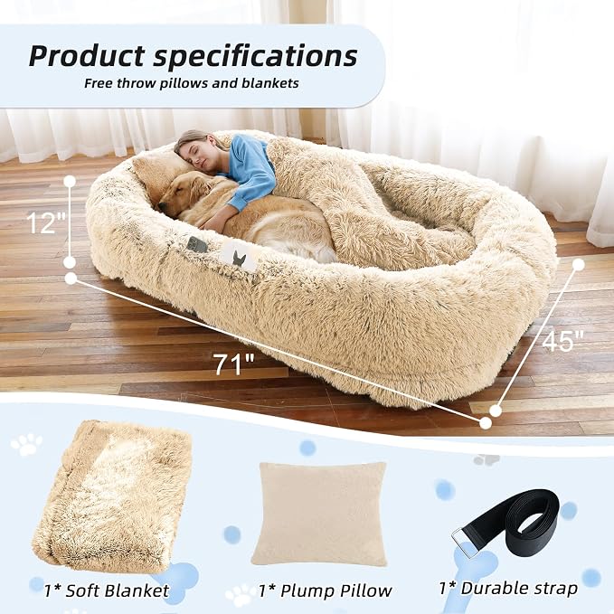 WROS Human Dog Bed for Adult, 71"x45"x12" Giant Calming Nest Beds, Beige | Washable Soft Faux Fur Cover, Orthopedic Foam Support, Non-slip Bottom, Includes Blanket, Strap & Pillow