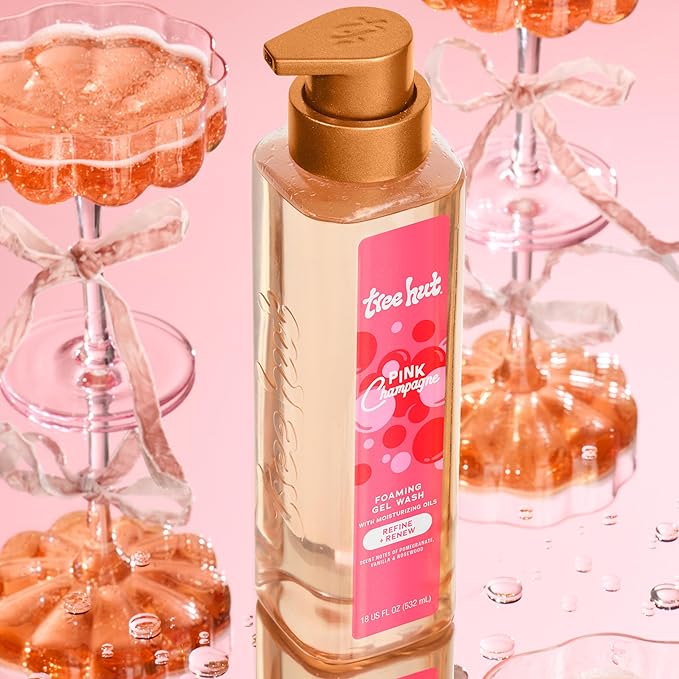 Tree Hut Pink Champagne Foaming Gel Body Wash, Mothers Day Gifts, Hydrating & Moisturizing Shower Gel for Soft, Glowing Skin, Fruity Floral Scent, 18 fl oz