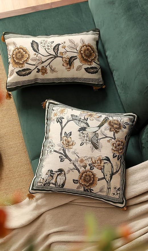 Vintage Linen Square Throw Pillow Cover,Set of 2,18"x18"-Murad A | Designer French Decor Pillow Cover,Concealed Zipper Design,Floral and Bird Pattern,Sofa,Bedroom,Living Room,Lounge Chairs