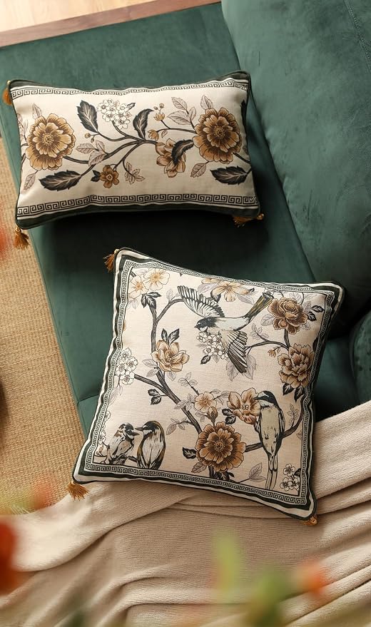 Vintage Elegant Linen Square Throw Pillow Cover,18"x18"-Murad A | Designer French Decor Pillow Cover,Concealed Zipper Design,Floral and Bird Pattern,Sofa,Bedroom,Living Room,Lounge Chairs