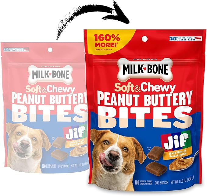 Milk-Bone Soft & Chewy Peanut Buttery Bites, 11.8 Oz. Bag | Soft dog treats with Jif peanut butter