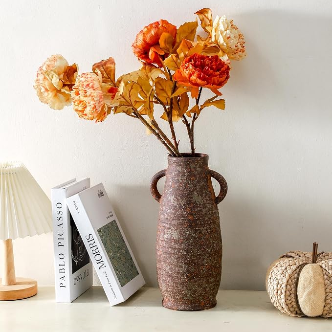 Ceramic Rustic Vase, 12.3 Inch Farmhouse Decorative Flower Vase for Home Decor, Rusty Vase for Living Room Bedroom Kitchen Office Decor Centerpiece Table Decorations