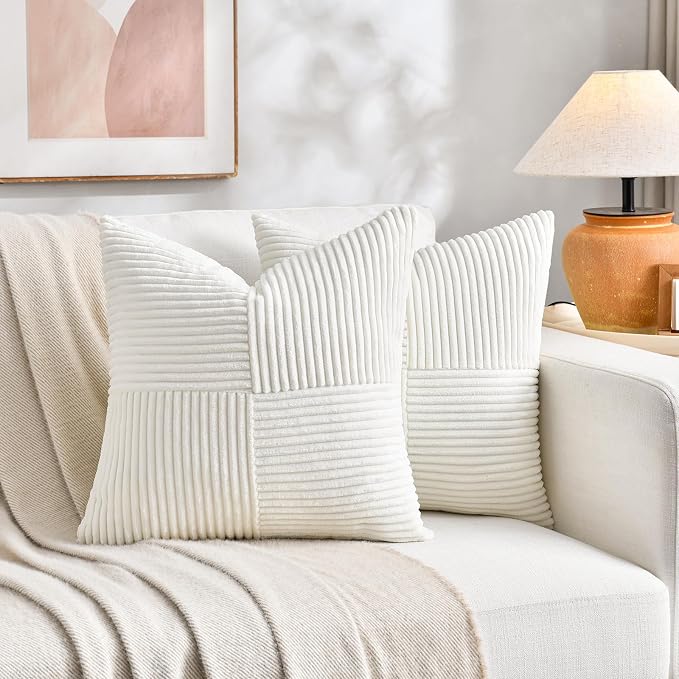 Fancy Homi Set of 1 Cream White Square Decorative Throw Pillow Covers 14x14 Inch for Living Room Bedroom Couch Bed Sofa, Soft Striped Corduroy Modern Rectangle Accent Cushion Case 35x35 cm