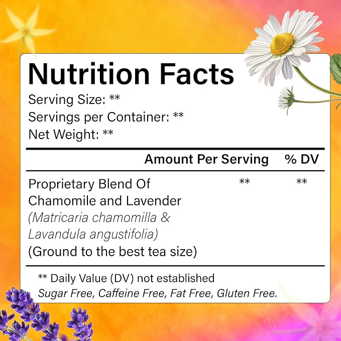 FreshDrinkUS, Premium 135 Chamomile Lavender Tea Bags, 100% Natural Herbal Ingredients, Hand-made Blend of Chamomile Lavender Flowers, Eco-conscious Tea Bags. No Sugar, No Caffeine, No Gluten, Vegan