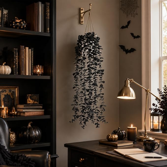 Der Rose Fake Eucalyptus Hanging Plants for Halloween Party Decorations | Black faux plants indoor for gothic bathroom decor, shelves and mantels, bringing moody depth to Halloween decorations indoor
