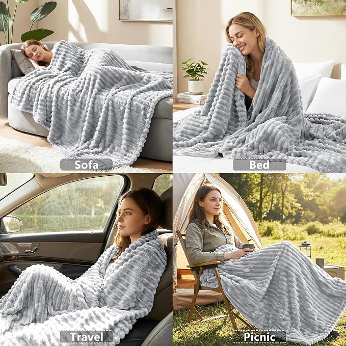 HIMEET Light Grey Twin Blanket for Bed, 300GSM Ribbed Fleece, 60 x 80 in | Ultra Soft Flannel, All-Season Lightweight Warmth, Bed Layering Pick & Dorm Essential, Gift for Men & Women, Machine Washable