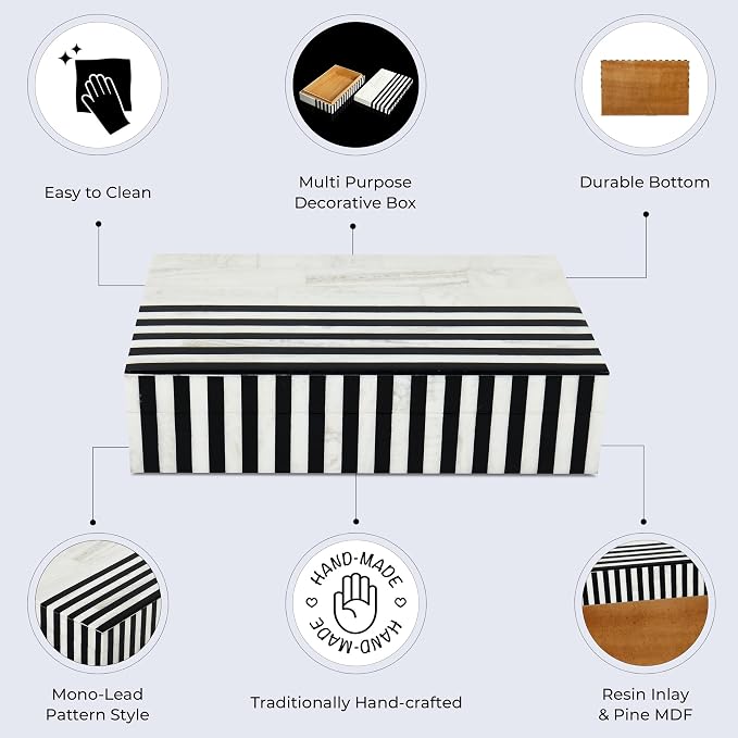 Handicrafts Home Large Decorative Storage Box with Lid – Black White Modern Storage Box, Remote Control Organizer for Coffee Table, Console & Living Room Decor – Mono Lead 12 x 6 x 2