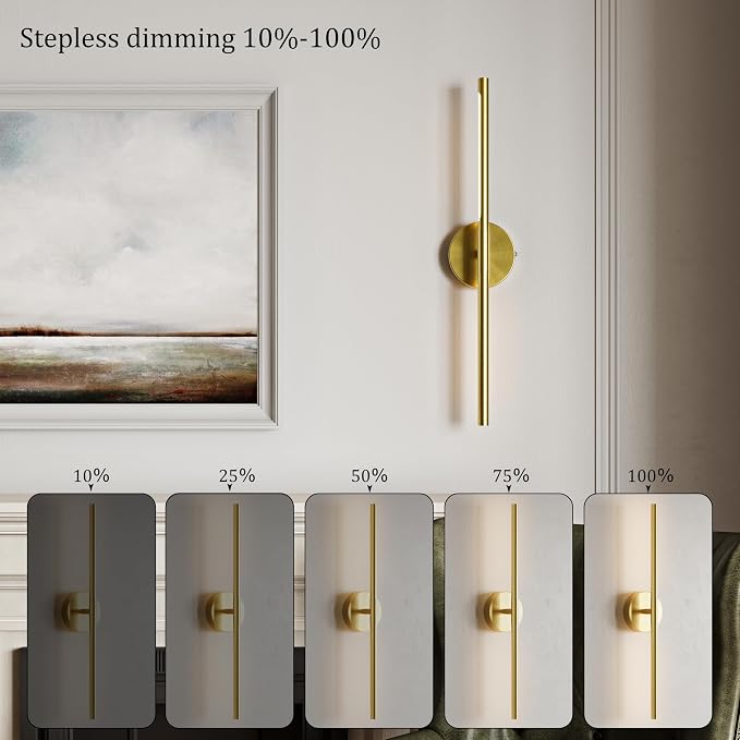 24" Battery Operated Wall Sconce Set of 2, 350° Rotating Lamp, Gold | Wireless, 8000mAh Rechargeable Battery, Stepless Dimming, 3000K-6000K, Remote & Touch Control, Timer, Living Room, Bedroom