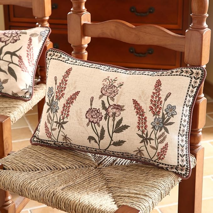 Designer Linen Throw Pillow Cover,Set of 2,20"x12"-Helena C | Elegant French Rectangle Pillow Cover,Concealed Zipper Design,Floral Pattern,Sofas,Bedroom,Living Room,Lounge Chairs