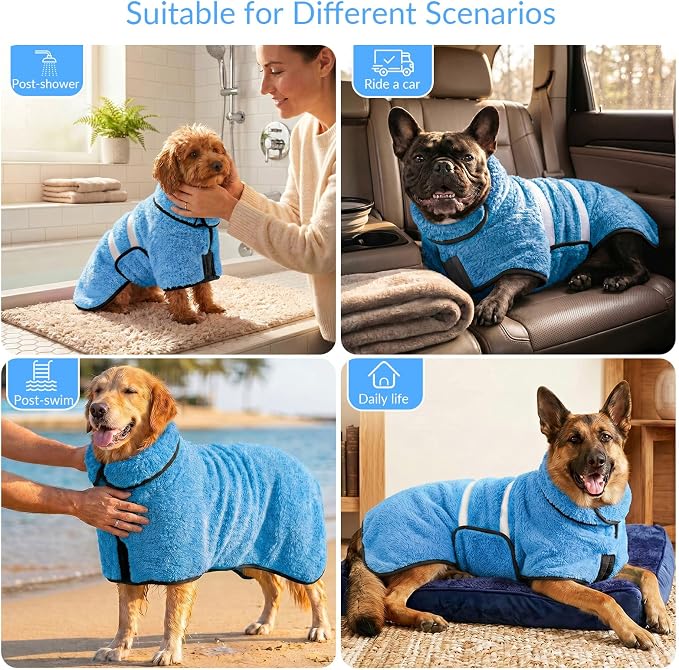 Dog Bathrobe, Super Absorbent for Small to Large Dogs, Light Blue 2XL | Dog Robes with Soft Fleece, Warm & Cozy, Adjustable Fit, and Quick Drying Coat for Baths Swimming and Grooming