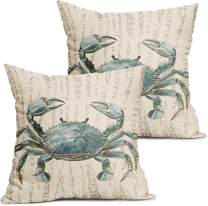 Summer Sea Crab Nautical Pillow Covers 24x24 Inch Set of 2 Coastal Ocean Coral Beach Blue Throw Pillow Cases Outdoor Linen Square Cushion Cover Farmhouse Decor for Bedroom Home Sofa Couch Bed