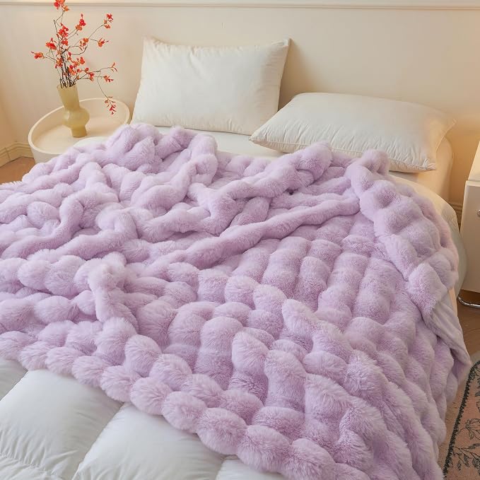 LIFEREVO Luxury Fluffy Faux Rabbit Fur Throw Blanket 50x60, Lavender | Plush Bubble Blanket for Bedroom Living Room Office, Decorative Soft Furry Light Purple Lap Throw for Girls Woments, Washable