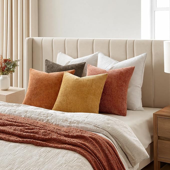 MIULEE Decorative Chenille Fall Pillow Covers Orange Brown 18x18 Pack of 4 | Rustic Decor, Autumn Harvest Orange Collection, Couch Throw Pillows, Farmhouse Boho Cushion Covers for Sofa Bed Living Room