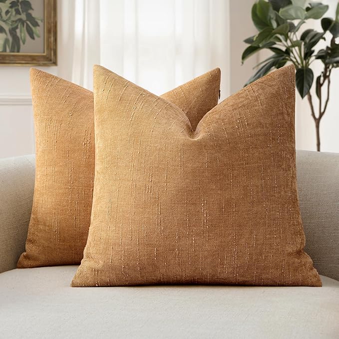 MIULEE 24x24 Inch Euro Textured Chenille Throw Pillow Covers Golden Brown | Pack of 2 Decorative Soft Throw Pillows,Solid Textured Cushion Covers,Modern Home Decor for Bed Couch Sofa Bedroom Livingroom