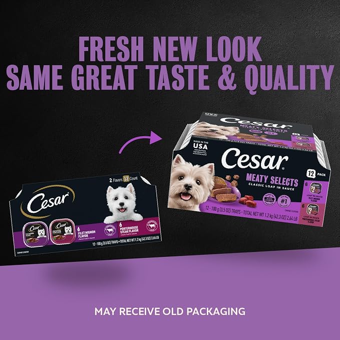Cesar Classic Loaf Wet Dog Food, Meaty Selects, 3.5 oz, 12 Count, 2-Pack | Made in USA, Filet Mignon & Porterhouse Steak flavors, real beef #1 ingredient, no artificial flavors, easy peel trays