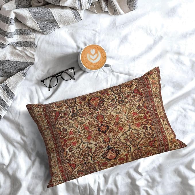 17th Century Turkish Lavar Kirman Southeast Persian Rug Pillow Covers Lumbar Throw Pillowcase 12x20 Inch Couch Cushion Cover for Home Decor Living Room Bedroom College Dorm Bed Car Sofa