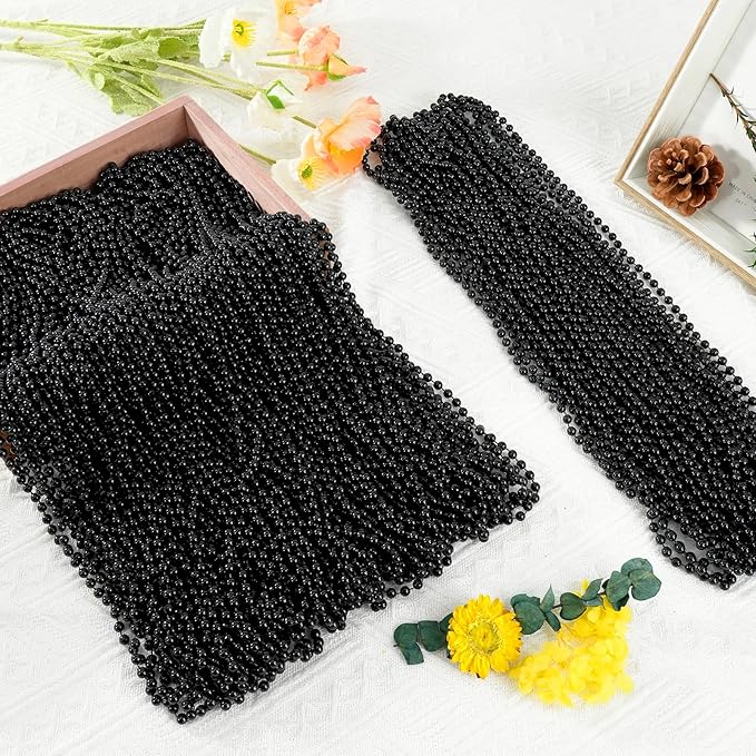 SHAOQINLIN 12 PCS Black Bead Necklace, Black Mardi Gras Beads, New Year Eve Necklaces, 33 Inch Round Halloween Necklace Party Beads for Mardi Gras, Christmas, Halloween, New Year Party Favors