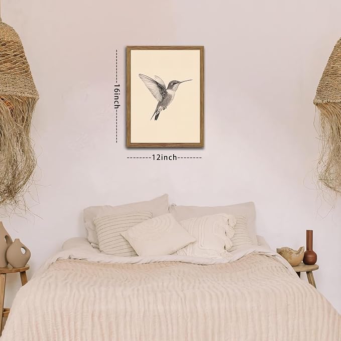 Vintage Framed Wall Art, Birds Canvas Prints, Hummingbird Sketch Painting Picture, Neutral Farmhouse Artwork Wall Decor for Living Room Bedroom – Dark Wooden Frame 12x16in