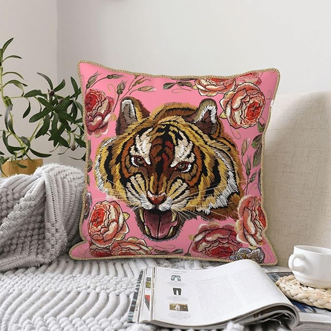 Tiger Floral Pink Velvet Pillow Covers 20x20 Inch Flower Animal Print Throw Pillows for Couch Farmhouse Cushion Covers Pillowcase Modern Pillow Cases for Sofa Bed Living Room Outdoor Decor