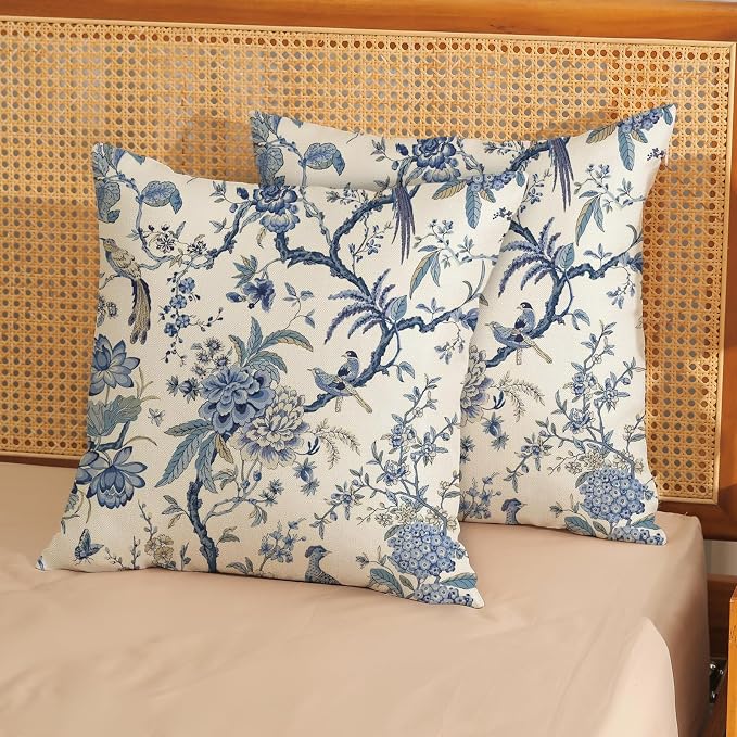 Chinoiserie Floral Bird Pillow Covers 20x20 Set of 2 Blue Chinoiserie Flowers Decorative Pillow Cases Outdoor Blue and Cream Throw Pillows Farmhouse Linen Cushion Case for Couch Home Decor