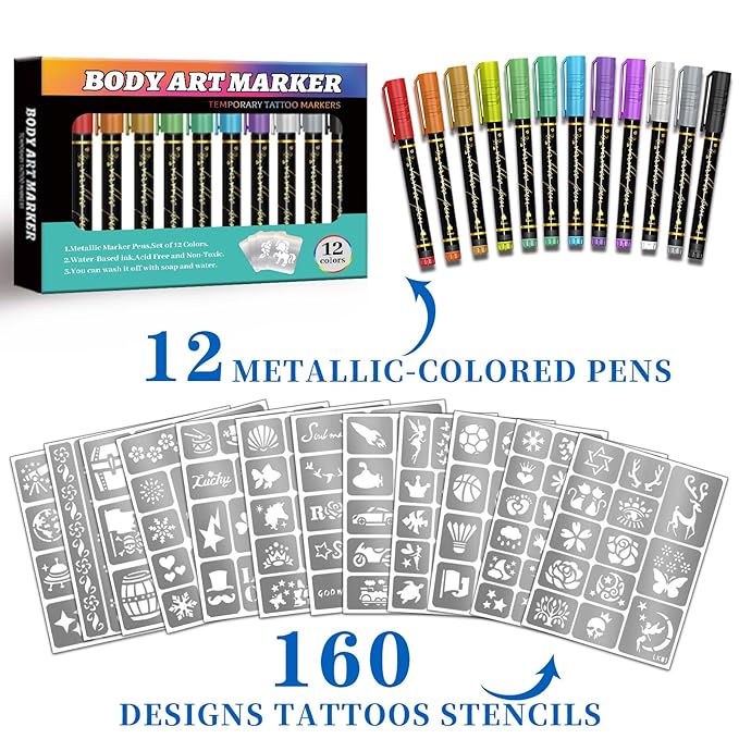 Temporary Tattoo Markers for Skin, 12 Metallic Markers Assorted Colors + 160 Tattoo Stencils for Kids Adults Women Men Body Marker Set