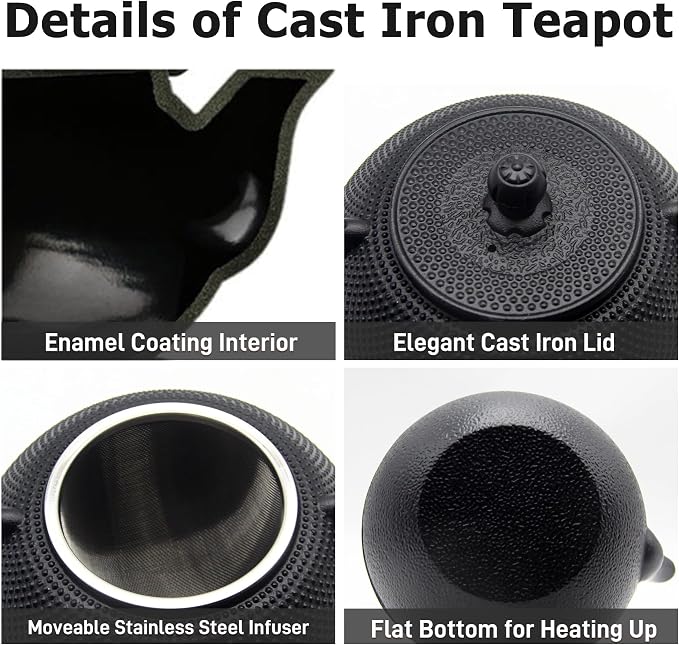 Cast Iron Teapot, 40.6oz Japanese Tetsubin Tea Kettle for Stovetop Safe, Black Tea Kettle with Infuser for Loose Leaf, Tea Pot with Enameled Interior, Gift for Tea Lovers