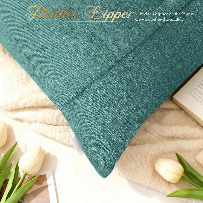BRAWARM Chenille Throw Pillow Covers 12x20 Inches, Teal, 2 Pack | Decorative Lumbar Pleated Pillow Covers, Soft Cushion Cases for Sofa Bed Living Room Home Farmhouse (No Insert)