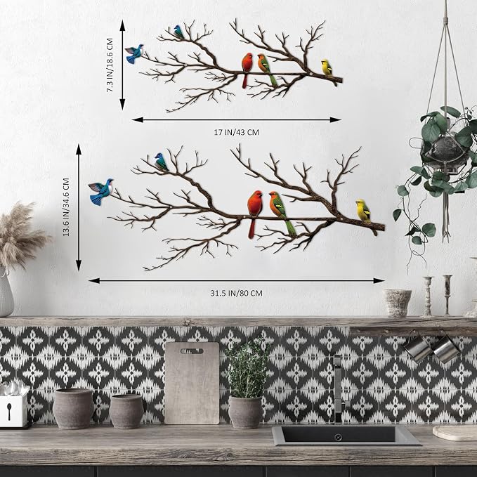 ESTART Metal Birds Wall Art, Metal Vivid Birds on Branch Silhouette Wall Decor Black Leaves with Bird Outdoor Hanging Wall Sculpture for Home Balcony Garden (Vintage Color, Small)