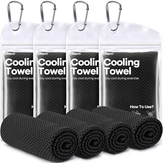 ROXUN 4 Pack Cooling Towels, 40''x12'' Soft Breathable Chilly Neck Ice Rags | Workout Running Golf 4 Black