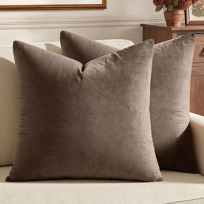 MIULEE 24x24 Inch Pack of 2 Euro Velvet Throw Pillow Covers Coffee | Soft Solid Decorative Euro Sham, Modern Luxury Home Decor, for King Bed Sofa Couch Bedroom Livingroom