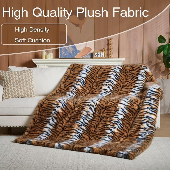 Luxury Fluffy Faux Fur Throw Blanket,Thick Fluffy Silky Fuzzy Cozy Blanket,Plush Blankets for Couch, Sofa, Chair, Bed-Tiger Print Brown-50 * 60inch